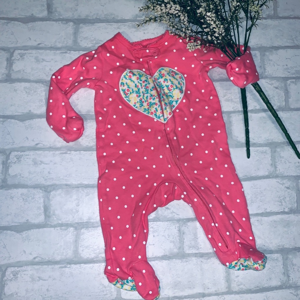 Pink floral heart onesie with polka dots. Newborn